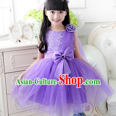 Top Grade Chinese Compere Professional Performance Catwalks Costume, Children Purple Veil Bubble Dress Modern Dance Dress for Girls Kids