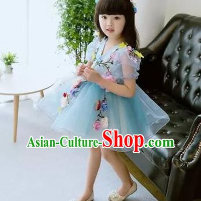 Top Grade Chinese Compere Professional Performance Catwalks Costume, Children Flower Faerie Blue Veil Bubble Dress Modern Dance Dress for Girls Kids