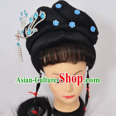 Traditional Handmade Chinese Classical Peking Opera Young Lady Wigs and Blue Crystal Hair Accessories, China Beijing Opera Princess Phoenix Hairpin Hair Headgear