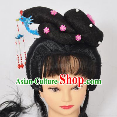Traditional Handmade Chinese Classical Peking Opera Young Lady Wigs and Blue Phoenix Tassel Hairpin Hair Accessories, China Beijing Opera Princess Hairpieces Headgear