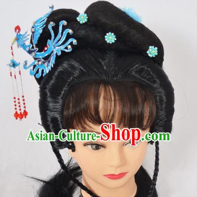 Traditional Handmade Chinese Classical Peking Opera Young Lady Wigs and Blue Phoenix Tassel Hairpin Hair Accessories, China Beijing Opera Princess Hairpieces Headgear