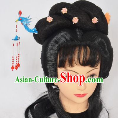 Traditional Handmade Chinese Classical Peking Opera Young Lady Wigs and Blue Phoenix Tassel Hairpin Hair Accessories, China Beijing Opera Princess Hairpieces Headgear