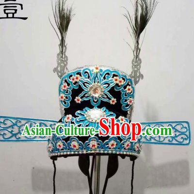 Traditional Handmade Chinese Classical Peking Opera Young Men Hat Blue Tuinga, China Beijing Opera Prince Lang Scholar Headpiece Headwear