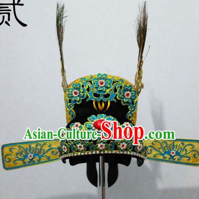 Traditional Handmade Chinese Classical Peking Opera Young Men Hat Green Tuinga, China Beijing Opera Prince Lang Scholar Headpiece Headwear