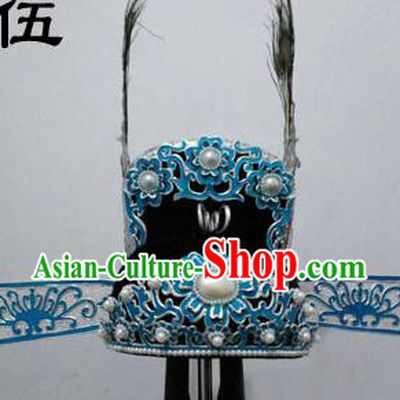 Traditional Handmade Chinese Classical Peking Opera Young Men Hat Pearls Blue Tuinga, China Beijing Opera Prince Lang Scholar Headpiece Headwear