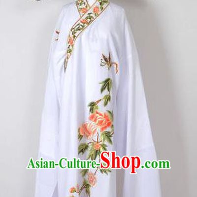 Traditional Chinese Professional Peking Opera Young Men Share-Win Costume and Hat Complete Set, China Beijing Opera Lang Scholar Embroidery Peony White Long Robe Clothing