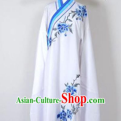 Traditional Chinese Professional Peking Opera Young Men Costume and Hat Complete Set, China Beijing Opera Shaoxing Opera Niche Lang Scholar Embroidery Peony White Long Robe Clothing