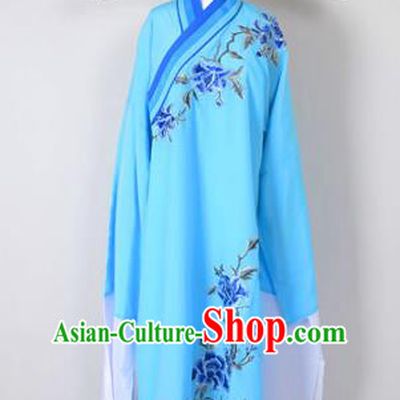 Traditional Chinese Professional Peking Opera Young Men Costume and Hat Complete Set, China Beijing Opera Shaoxing Opera Niche Lang Scholar Embroidery Peony Blue Long Robe Clothing