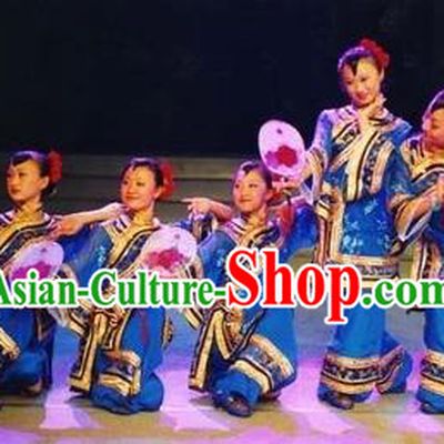Traditional Chinese Classical Dance Yangge Fan Dance Costume, Folk Dance Drum Dance Uniform Yangko Blue Costume Complete Set for Women
