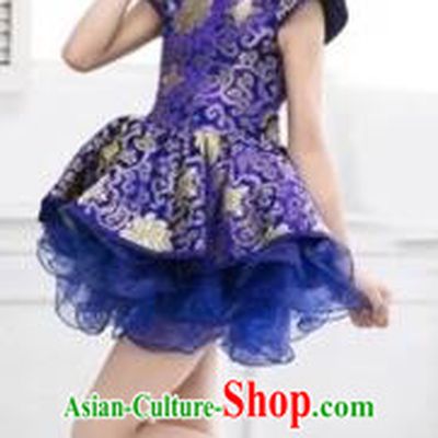 Top Grade Chinese Compere Professional Performance Catwalks Costume, Chinese Children Blue Veil Bubble Dress Drum Dance Dress for Girls Kids