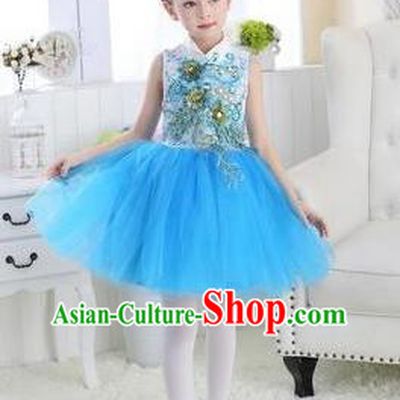 Top Grade Chinese Compere Professional Performance Catwalks Costume, Children Modern Dance Blue Veil Bubble Dress for Girls Kids