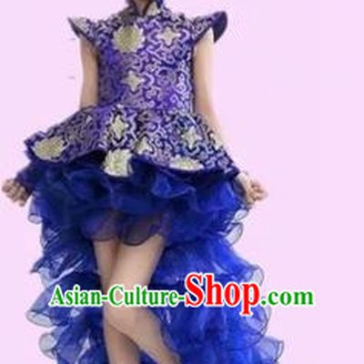 Top Grade Chinese Compere Professional Performance Catwalks Costume, Chinese Children Blue Veil Bubble Dress Drum Dance Tailing Dress for Girls Kids