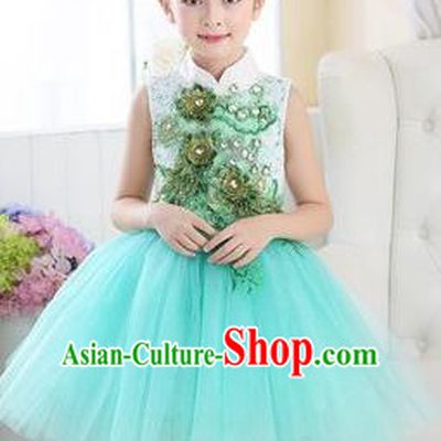 Top Grade Chinese Compere Professional Performance Catwalks Costume, Children Modern Dance Light Blue Veil Bubble Dress for Girls Kids