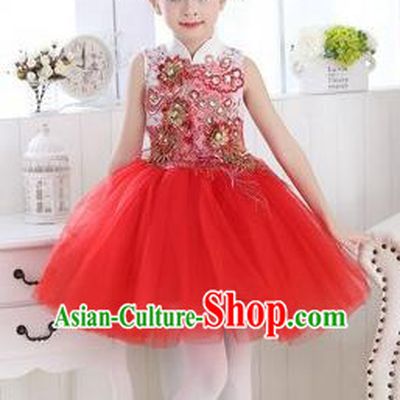 Top Grade Chinese Compere Professional Performance Catwalks Costume, Children Modern Dance Red Veil Bubble Dress for Girls Kids