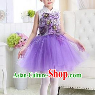 Top Grade Chinese Compere Professional Performance Catwalks Costume, Children Modern Dance Purple Veil Bubble Dress for Girls Kids