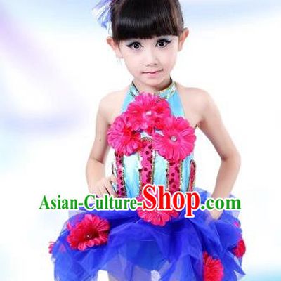 Top Grade Chinese Professional Performance Catwalks Costume, Children Modern Dance Blue Veil Bubble Dress for Girls Kids