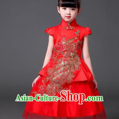 Top Grade Chinese Professional Performance Catwalks Costume, Children Modern Dance Embroidery Peacock Red Veil Bubble Dress for Girls Kids