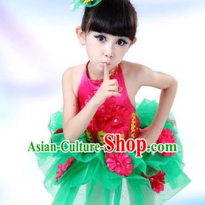 Top Grade Chinese Professional Performance Catwalks Costume, Children Modern Dance Green Veil Bubble Dress for Girls Kids