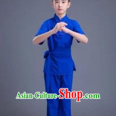 Traditional Chinese Classical Dance Martial Arts Costume, Children Folk Dance Drum Dance Uniform Kung Fu Blue Clothing for Kids