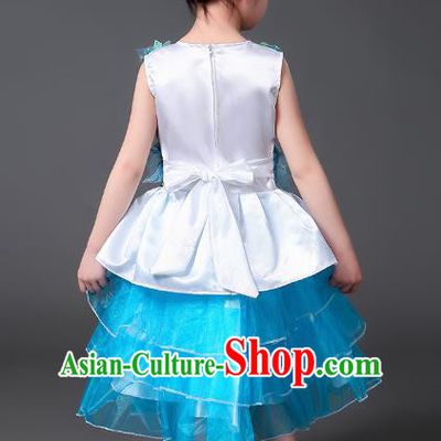 Top Grade Chinese Professional Performance Catwalks Costume, Children Modern Dance Blue Veil Bubble Princess Embroidery Dress for Girls
