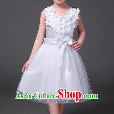 Top Grade Chinese Professional Performance Catwalks Costume, Children Modern Dance White Veil Bubble Princess Dress for Girls