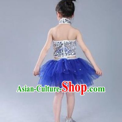 Top Grade Chinese Compere Professional Performance Catwalks Costume, China Jazz Dance Modern Dance Blue Veil Princess Dress for Kids
