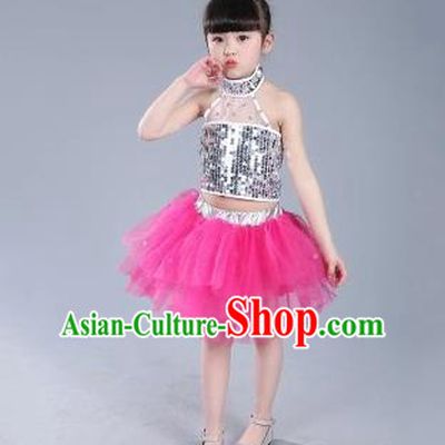 Top Grade Chinese Compere Professional Performance Catwalks Costume, China Jazz Dance Modern Dance Rosy Veil Princess Dress for Kids