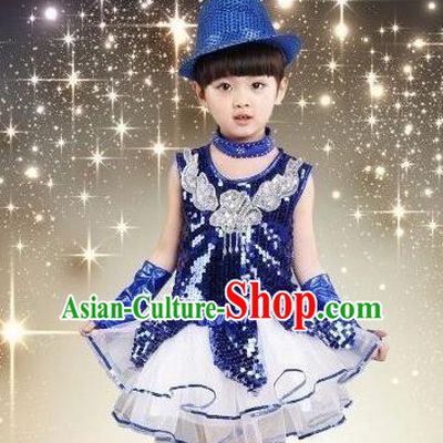 Top Grade Chinese Professional Performance Catwalks Costume, China Jazz Dance Modern Dance Blue Paillette Dress for Girls