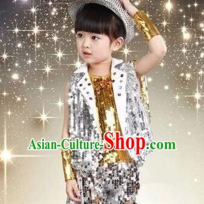 Top Grade Chinese Professional Performance Catwalks Costume, China Jazz Dance Modern Dance Golden Paillette Uniform for Kids