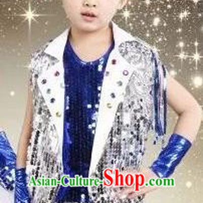 Top Grade Chinese Professional Performance Catwalks Costume, China Jazz Dance Modern Dance Blue Paillette Uniform for Kids