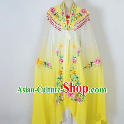 Traditional Chinese Professional Peking Opera Shaoxing Opera Costume Embroidery Yellow Cloud Shoulder Mantel, China Beijing Opera Female Diva Clothing Long Water Sleeve Shawl Dress