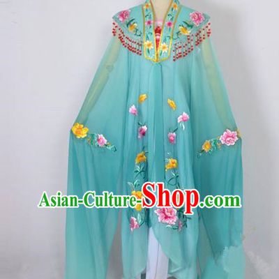 Traditional Chinese Professional Peking Opera Shaoxing Opera Costume Embroidery Green Cloud Shoulder Mantel, China Beijing Opera Female Diva Clothing Long Water Sleeve Shawl Dress
