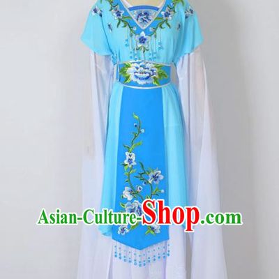 Traditional Chinese Professional Peking Opera Nobility Lady Water Sleeve Costume, China Beijing Opera Shaoxing Opera Royal Princess Embroidery Peony Blue Dress Clothing