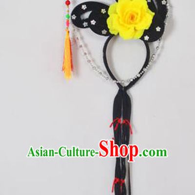 Traditional Handmade Chinese Classical Peking Opera Young Lady Hair Accessories and Wigs, China Beijing Opera Maidservants Diva Yellow Flower Headwear