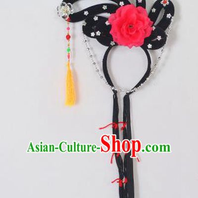 Traditional Handmade Chinese Classical Peking Opera Young Lady Hair Accessories and Wigs, China Beijing Opera Maidservants Diva Red Flower Headwear