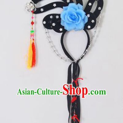 Traditional Handmade Chinese Classical Peking Opera Young Lady Hair Accessories and Wigs, China Beijing Opera Maidservants Diva Blue Flower Headwear