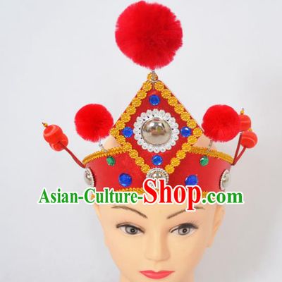 Traditional Handmade Chinese Classical Peking Opera Female General Red Hat, China Beijing Opera Warrior Takefu Headwear