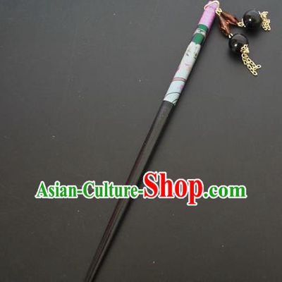 Traditional Handmade Chinese Classical Peking Opera Tassel Black Hair Stick Hair Accessories, China Beijing Opera Step Shake Wood Hairpins