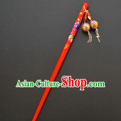 Traditional Handmade Chinese Classical Peking Opera Tassel Red Hair Stick Hair Accessories, China Beijing Opera Step Shake Wood Hairpins