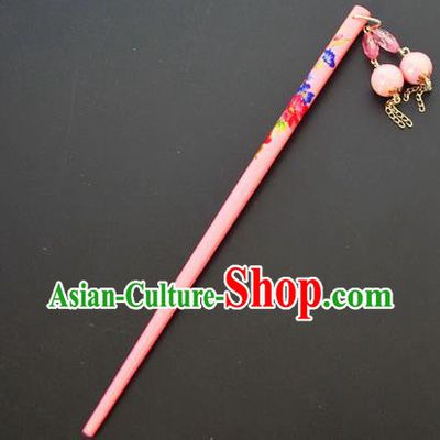 Traditional Handmade Chinese Classical Peking Opera Tassel Pink Hair Stick Hair Accessories, China Beijing Opera Step Shake Wood Hairpins