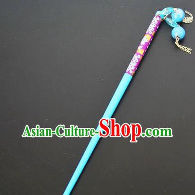 Traditional Handmade Chinese Classical Peking Opera Tassel Blue Hair Stick Hair Accessories, China Beijing Opera Step Shake Wood Hairpins