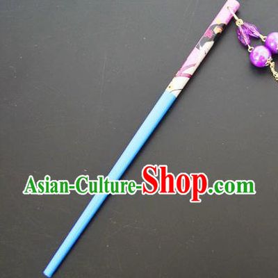 Traditional Handmade Chinese Classical Peking Opera Tassel Blue Hair Stick Hair Accessories, China Beijing Opera Step Shake Wood Hairpins