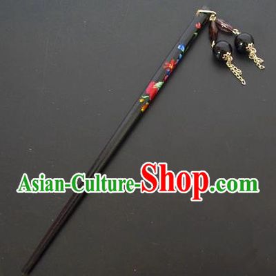 Traditional Handmade Chinese Classical Peking Opera Tassel Black Hair Stick Hair Accessories, China Beijing Opera Step Shake Wood Hairpins
