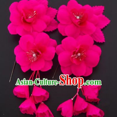 Traditional Handmade Chinese Classical Peking Opera Rosy Silk Flowers Hair Stick Hair Accessories, China Beijing Opera Diva Step Shake Tassel Hairpins