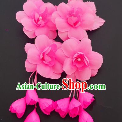Traditional Handmade Chinese Classical Peking Opera Pink Silk Flowers Hair Stick Hair Accessories, China Beijing Opera Diva Step Shake Tassel Hairpins