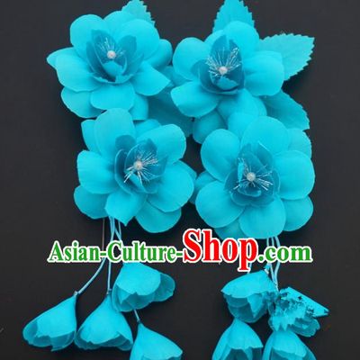 Traditional Handmade Chinese Classical Peking Opera Blue Silk Flowers Hair Stick Hair Accessories, China Beijing Opera Diva Step Shake Tassel Hairpins