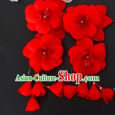 Traditional Handmade Chinese Classical Peking Opera Red Silk Flowers Hair Stick Hair Accessories, China Beijing Opera Diva Step Shake Tassel Hairpins