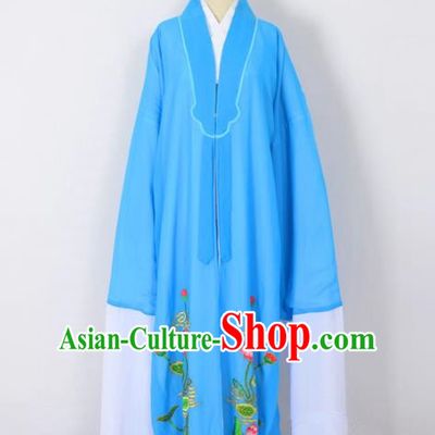 Traditional Chinese Professional Peking Opera Young Men Costume, China Beijing Opera Shaoxing Opera Niche Embroidery Lotus Blue Long Robe Clothing