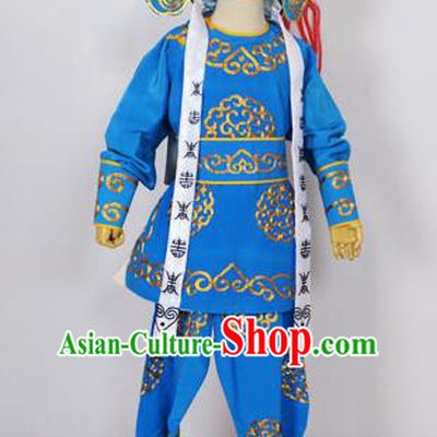 Traditional Chinese Professional Peking Opera Takefu Costume and Headwear, China Beijing Opera Shaoxing Opera Children Niche Warrior Blue Clothing