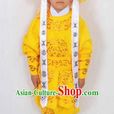 Traditional Chinese Professional Peking Opera Takefu Costume and Headwear, China Beijing Opera Shaoxing Opera Children Niche Warrior Yellow Clothing